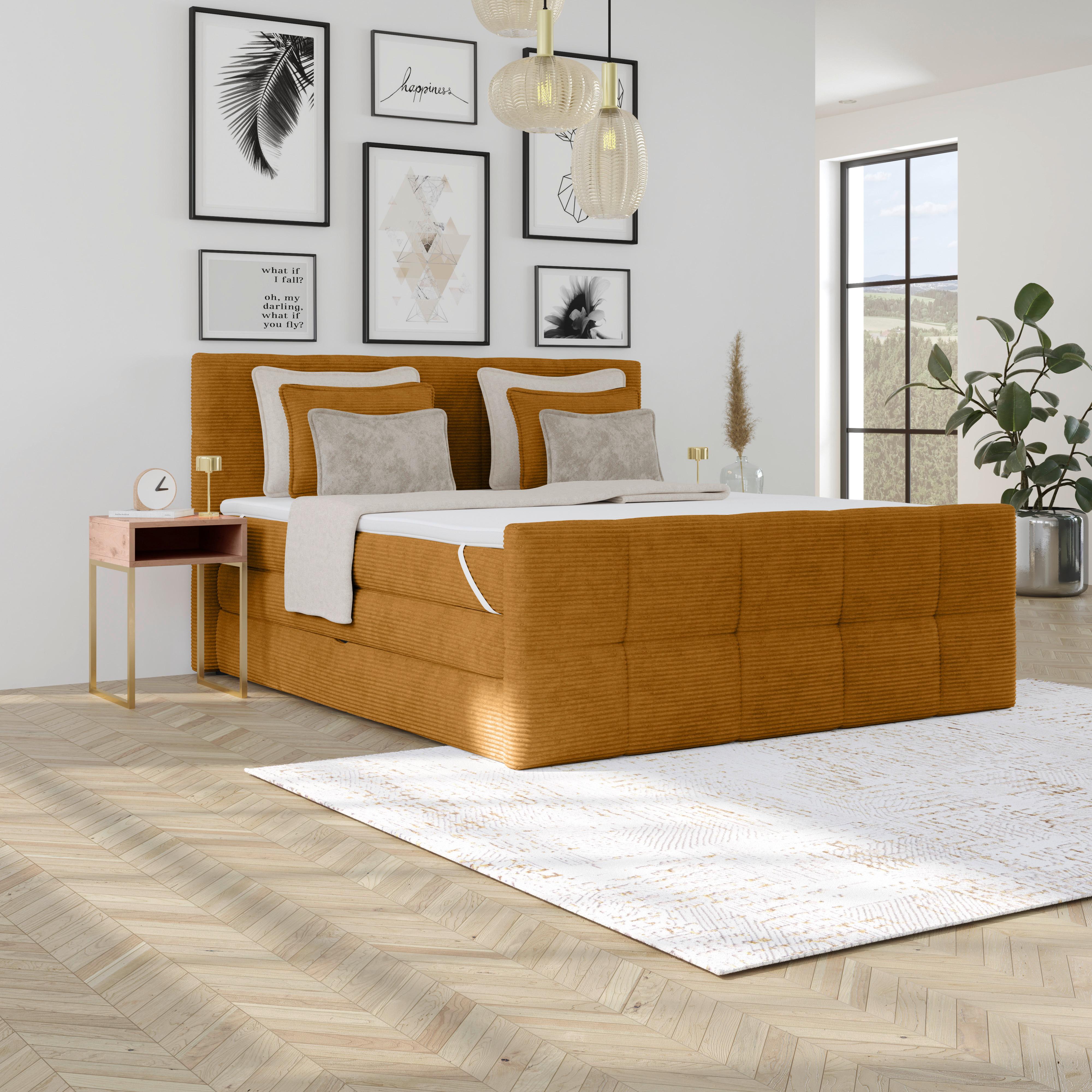 Boxspringbett mit Topper & Bettkasten180x200 Medino - Senfgelb, KONVENTIONELL, Holz/Holzwerkstoff (180/200cm)
