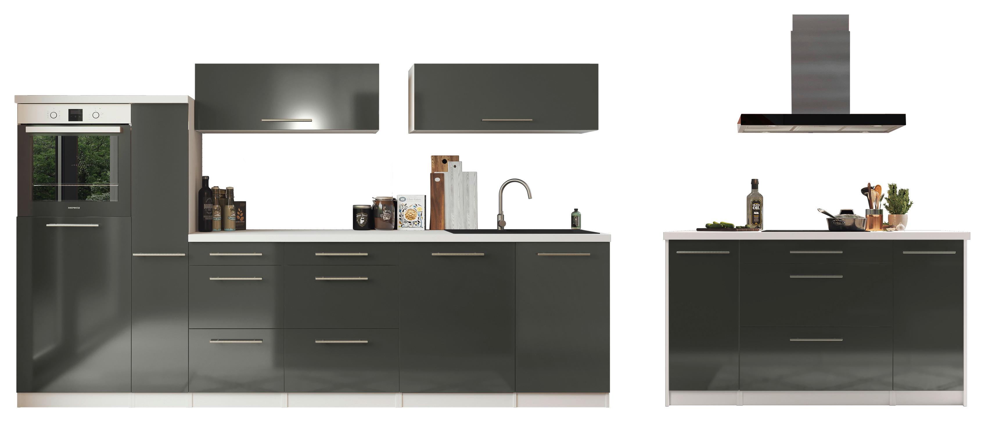 Küchenzeile Premium mit Geräte 310 cm Grau/Weiß + Kochinsel - Weiß/Grau, MODERN, Holzwerkstoff (310/160cm) - Respekta