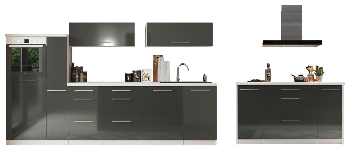 Küchenzeile Premium mit Geräte 310 cm Grau/Weiß + Kochinsel - Weiß/Grau, MODERN, Holzwerkstoff (310/160cm) - Respekta