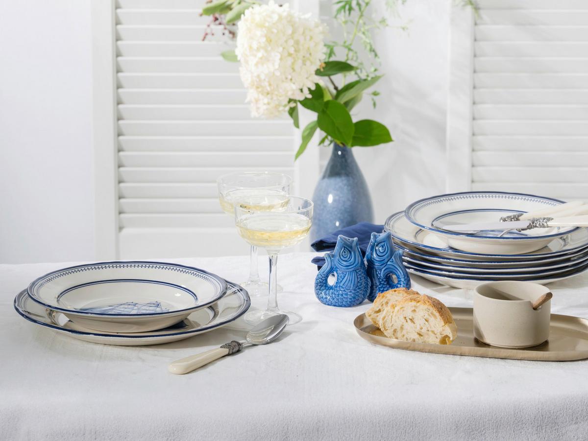 Tafelservice Blau/Weiß Steingut, 6 Pers., 12-teilig - Blau/Weiß, Basics, Keramik - Creatable