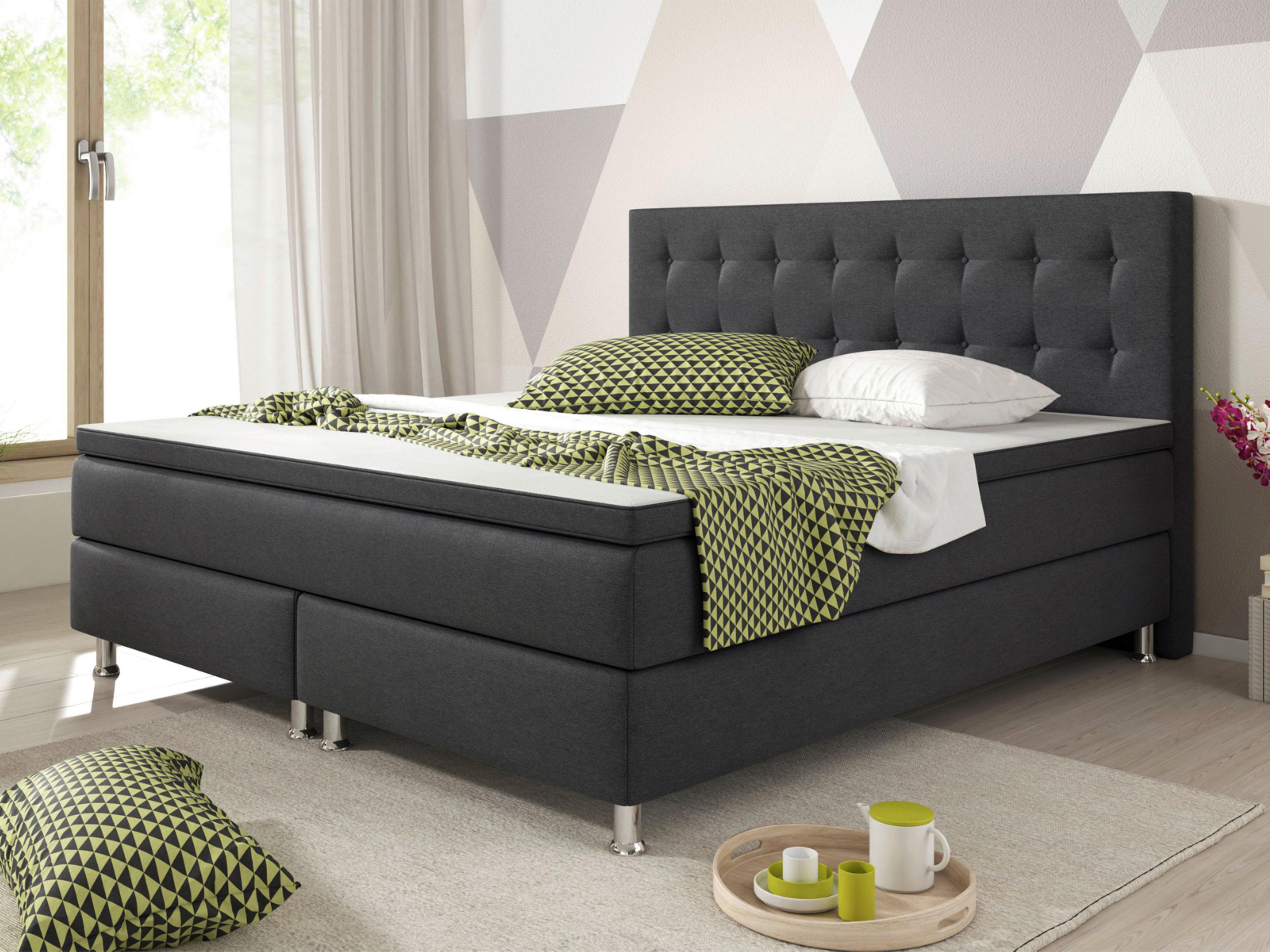 Boxspringbett Mit Topper Kingsize 180x210 Köln - Anthrazit/Silberfarben, KONVENTIONELL, Textil (180/115/210cm) - MID.YOU
