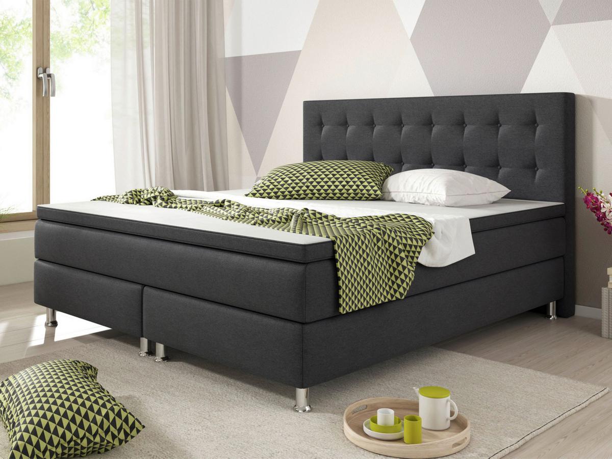 Boxspringbett Mit Topper Kingsize 180x210 Köln - Anthrazit/Silberfarben, KONVENTIONELL, Textil (180/115/210cm) - MID.YOU