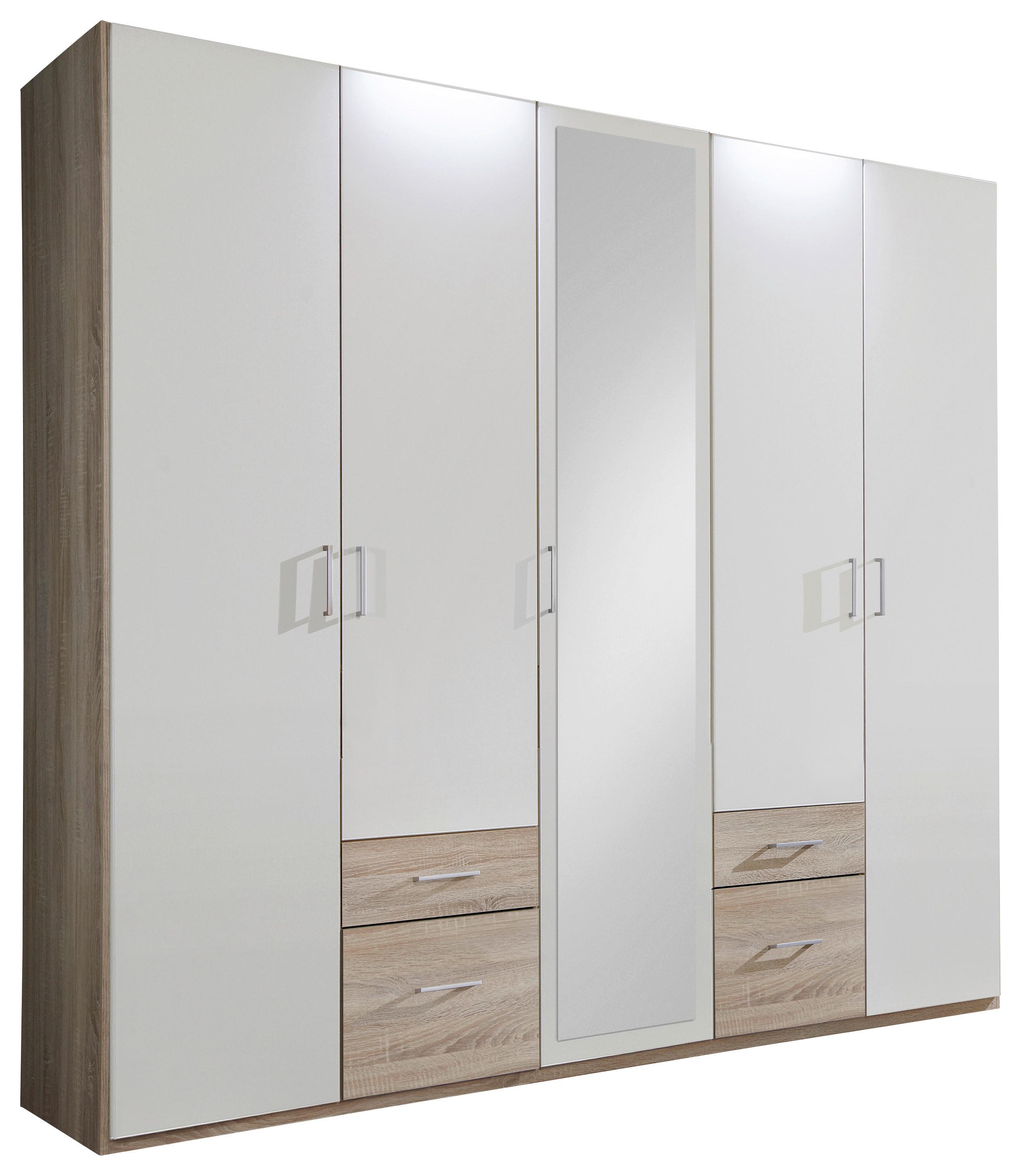 Drehtürenschrank mit Spiegel 225cm Fly, Weiß/ Eichendekor - Eichefarben/Weiß, Design, Glas/Holzwerkstoff (225/210/58cm) - MID.YOU
