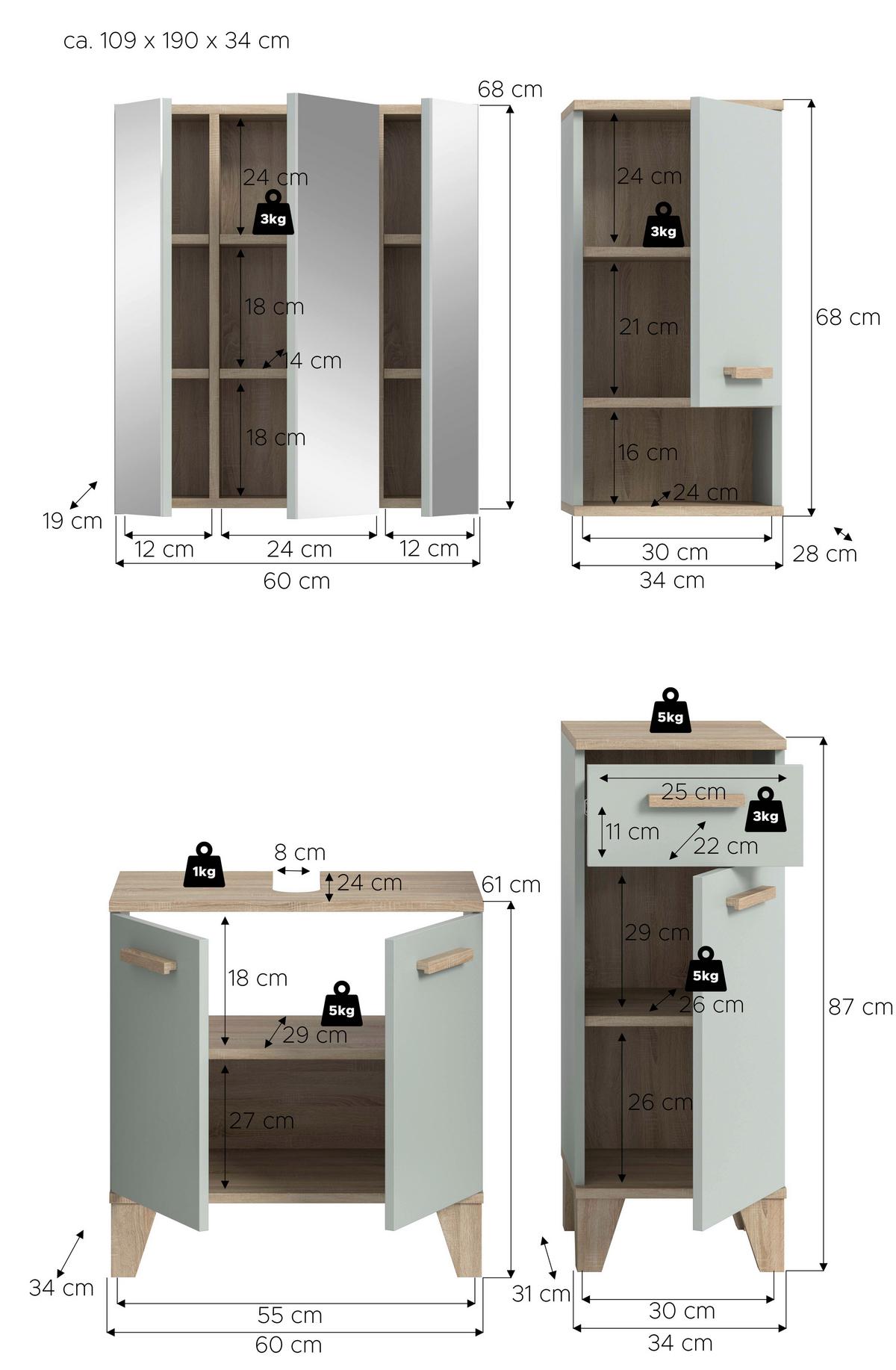 Koupelna Star blede zelená/dub bledý - barvy dubu/dub San Remo, Moderní, kompozitní dřevo/plast (109/190/34cm) - MID.YOU