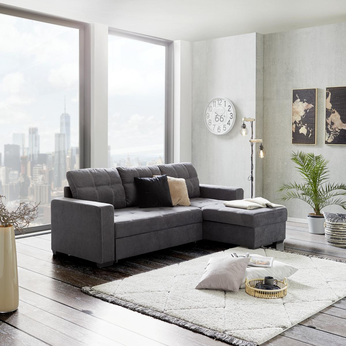 Ecksofa mit Schlaffunktion + Bettkasten Mediolan Dunkelgrau - Dunkelgrau/Schwarz, Design, Textil (240/160cm) - Ondega
