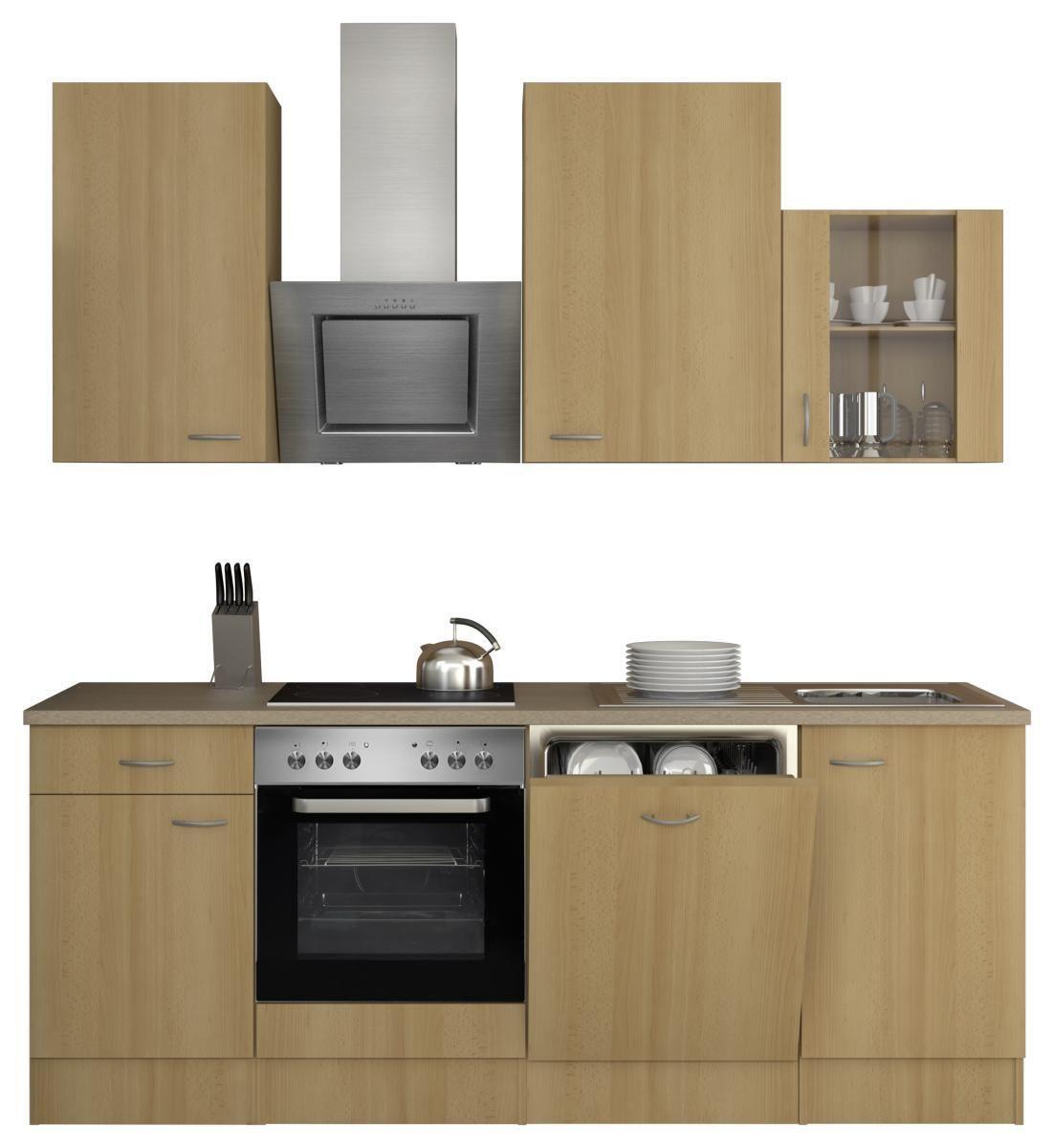 Küchenzeile Nano mit Geräten 220 cm Creme/Buche Dekor - Beige/Buchefarben, MODERN, Glas/Holzwerkstoff (220cm) - FlexWell