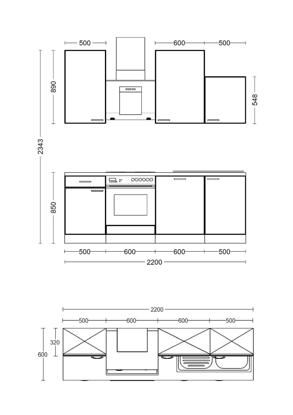 Küchenzeile Wito mit Geräten 220 cm Grau/Weiß Modern - Hellgrau/Weiß, MODERN, Holzwerkstoff (220cm) - FlexWell