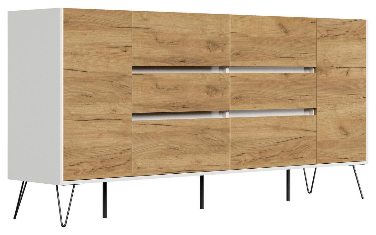 Sideboard Posseik Industrial Weiß/Eichefarben B: 199 cm - Eichefarben/Weiß Hochglanz, Design, Holzwerkstoff (199/93,6/42cm) - P & B