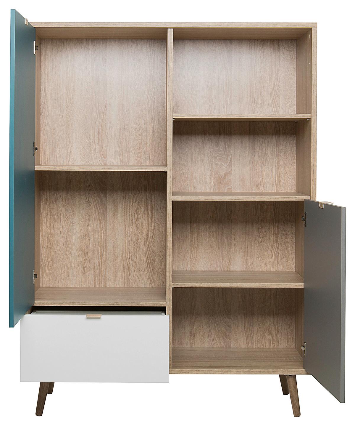 Highboard 103cm Cuba 53-Trend, Eiche Dekor/Grau/Petrol/Weiß - Eichefarben/Petrol, Trend, Holzwerkstoff (103/139/40cm) - MID.YOU