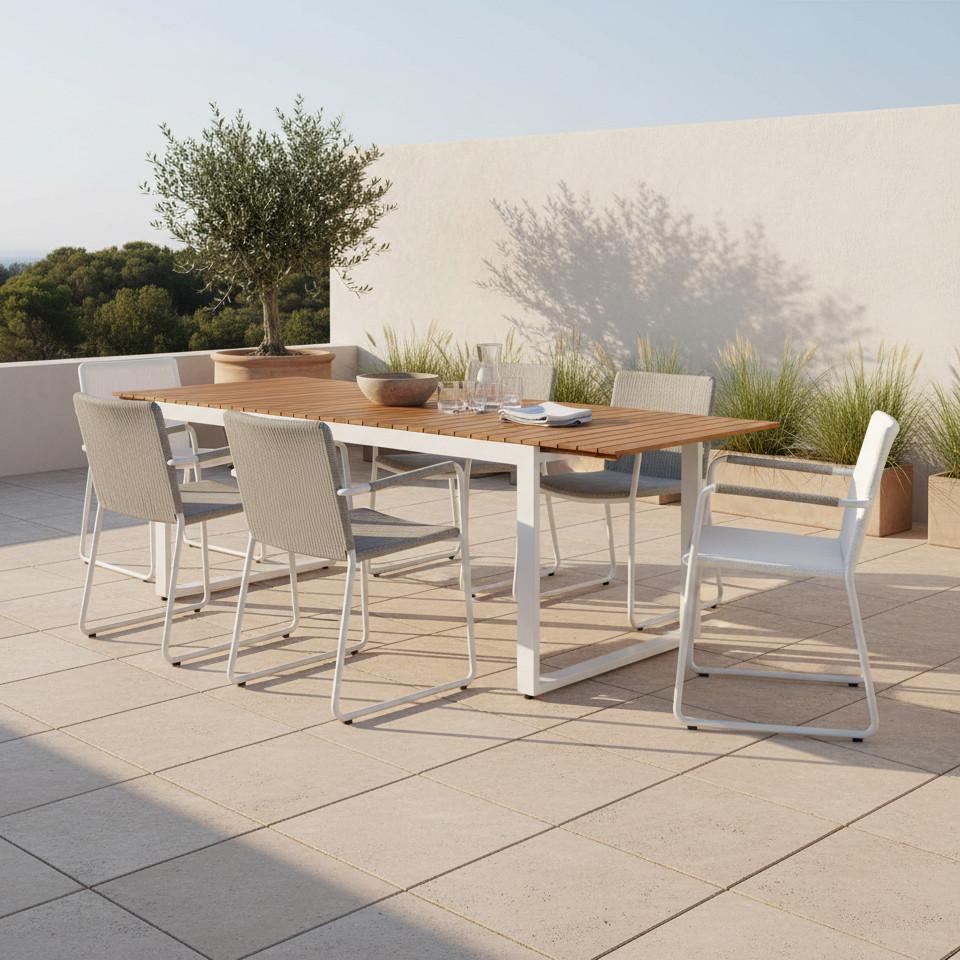 Gartentisch ausziehbar Naxos Akazienholz/Metall L 150-200cm - Weiß/Naturfarben, MODERN, Holz/Metall (150-200/90/74cm) - Gardenson