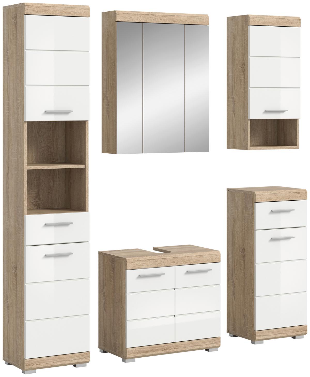 Badezimmer Lambada Eiche Dekor/Weiß B: 134 cm - Weiß Hochglanz/Silberfarben, MODERN, Glas/Holzwerkstoff (134cm) - MID.YOU