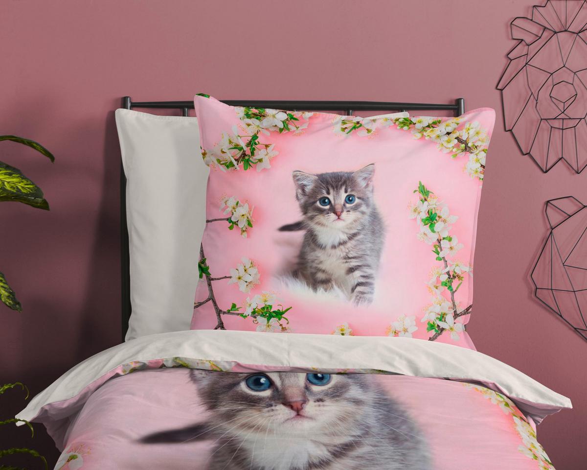 Jugendbettwäsche Pussycat Rosa Rot 135x200 Cm - Rot/Rosa, Natur, Textil (135/200cm)