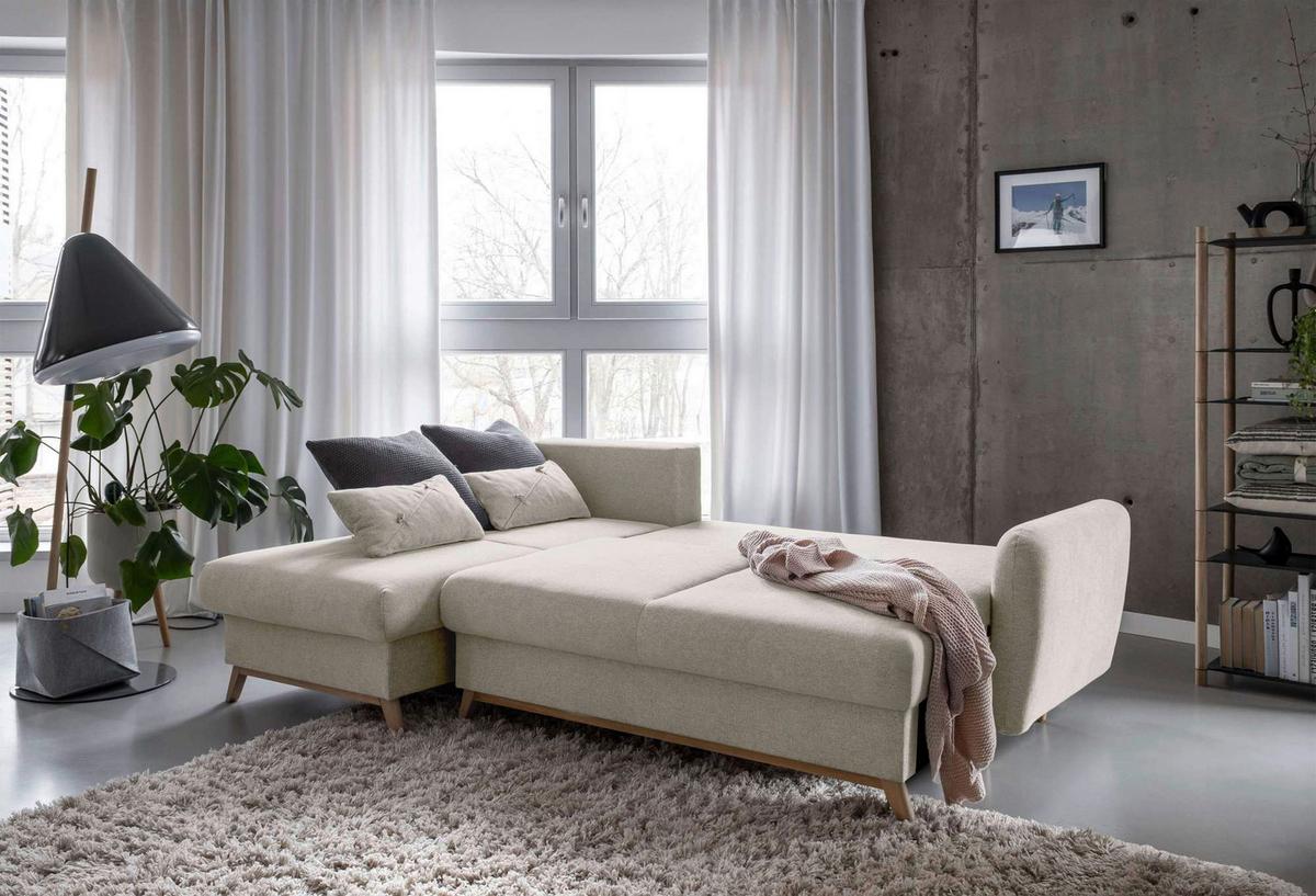 Sedačka LUCILE S, levá, béžová, úl.prostor a lůžko - přírodní barvy/béžová, dřevo/textil (157/235cm) - MID.YOU