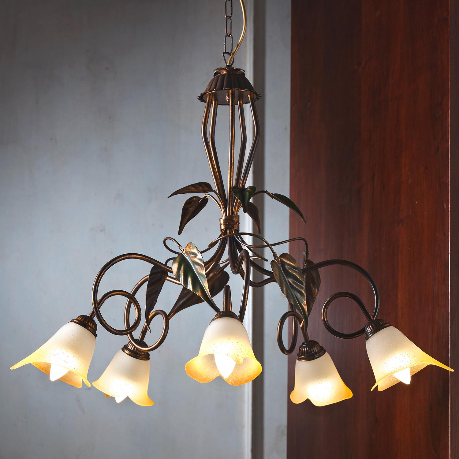Kronleuchter 4620/5 - Bronzefarben/Olivgrün, Natur, Glas/Metall (90/130cm)