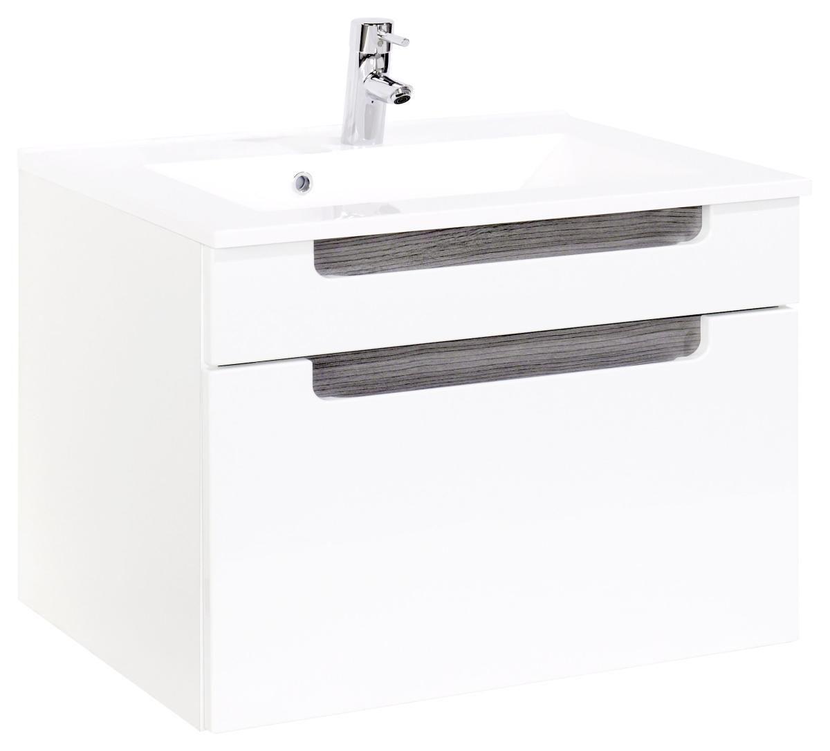 Waschbecken mit Unterschrank Siena B: 80cm Weiß/Eiche Dekor - Weiß/Silbereichenfarben, MODERN, Holzwerkstoff/Stein (80cm) - Held