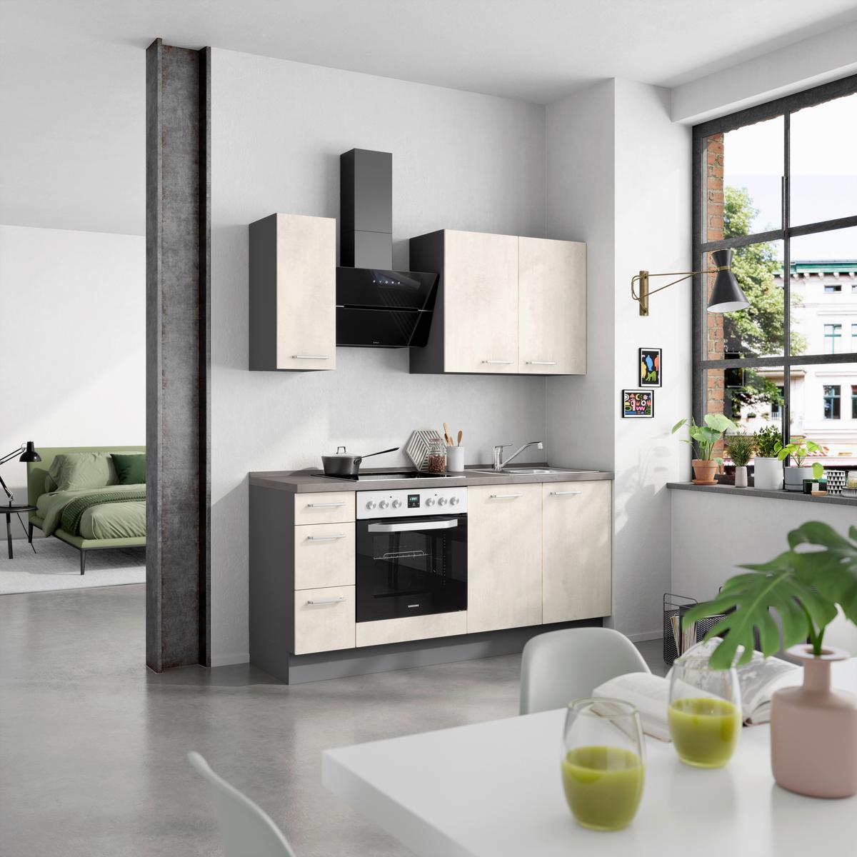 Kuchynská linka 180cm biely betón/ bridlicová šedá - biela/farba ušľachtilej ocele, Modern, kov/kompozitné drevo (180cm) - Nobilia