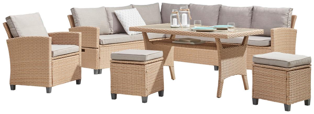 Loungegarnitur 6-tlg. Porto- Multi, Polyrattan Mit Kissen - Hellbraun/Grau, MODERN, Kunststoff/Textil (190/237cm) - Beldano