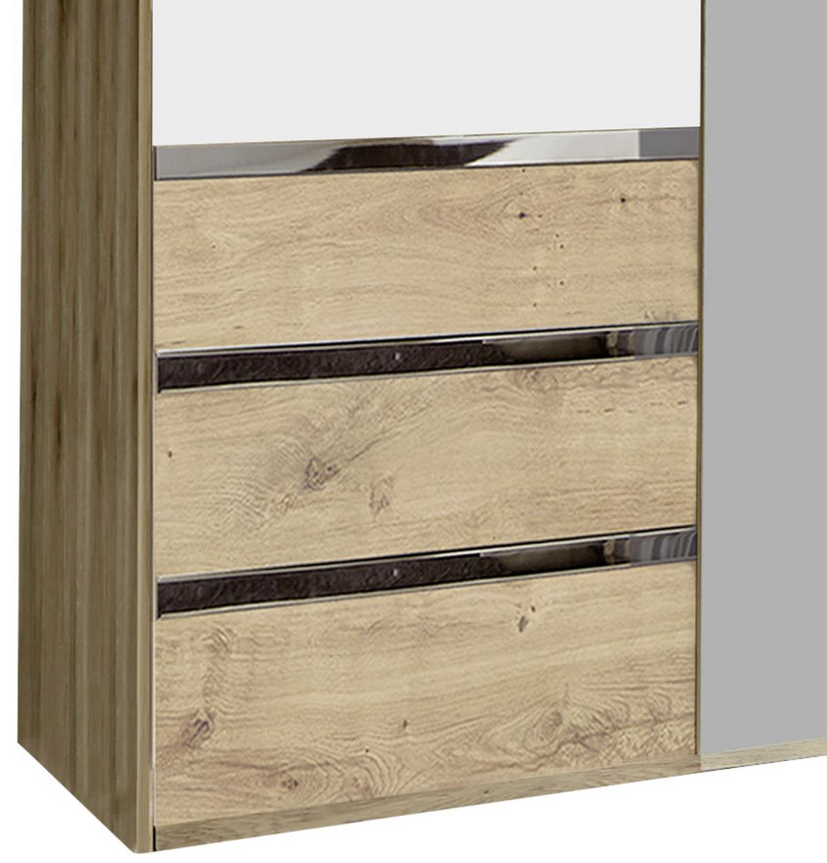 Drehtürenschrank Mit Spiegel + Laden 150cm Level 36a, Weiß - Eichefarben/Silberfarben, MODERN, Glas/Holzwerkstoff (150/216/58cm) - MID.YOU