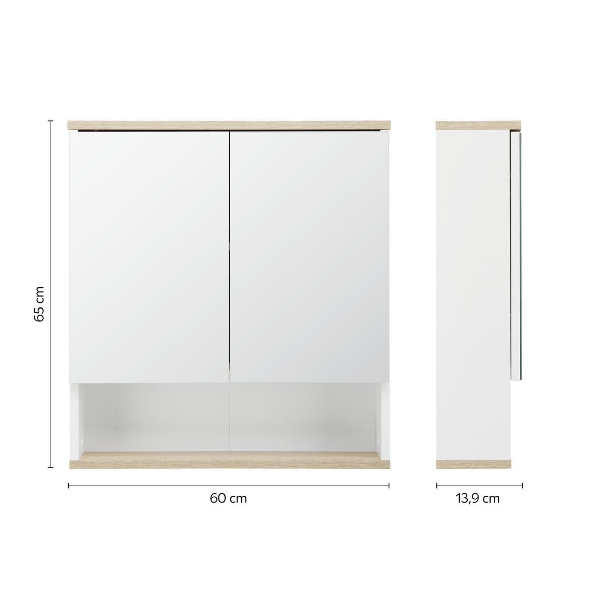 Spiegelschrank Yasmin 2-Türig BHT: 60x65x14 cm, offenes Fach - Eichefarben/Weiß, Basics, Glas/Holzwerkstoff (60/65/13,9cm) - MID.YOU