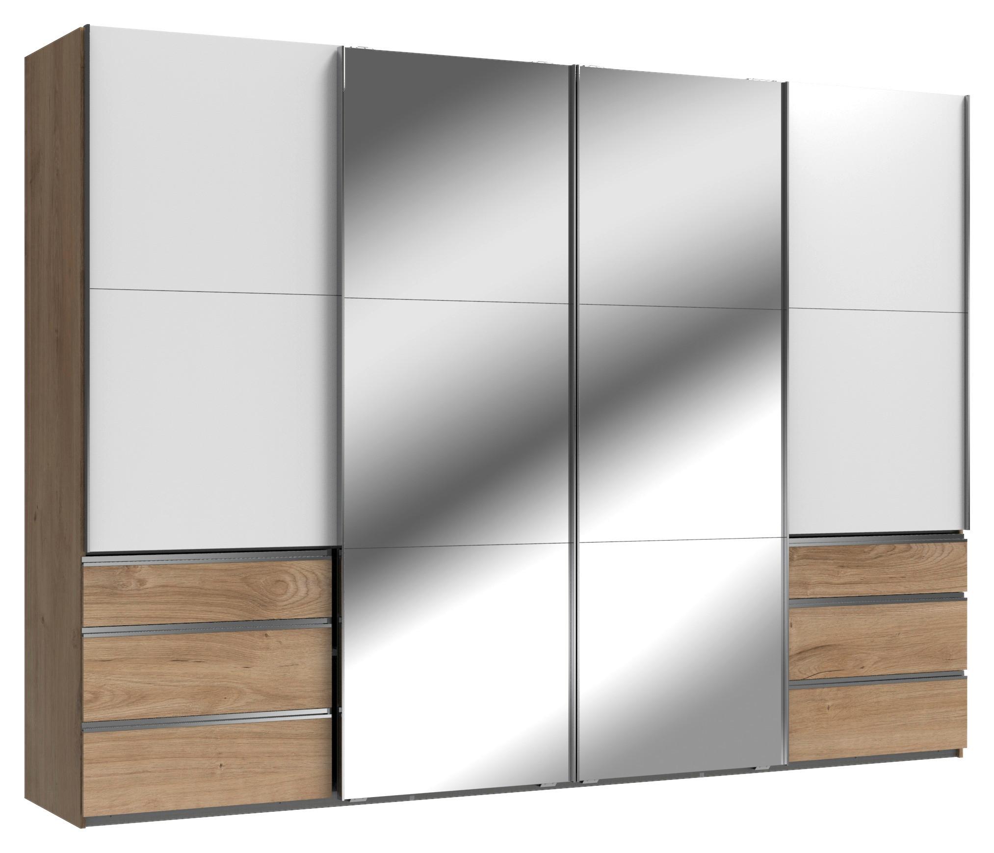 Schwebetürenschrank Level 36 A Weiß/Eiche Dek/Spiegel,b:300cm - Eichefarben/Weiß, MODERN, Glas/Holzwerkstoff (300/216/65cm) - MID.YOU