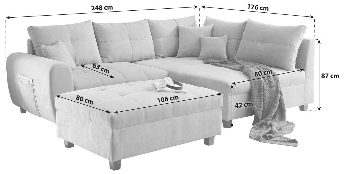 Ecksofa inkl. Kissen + Hocker Lea, Polyester-Nylon - Anthrazit/Schwarz, Basics, Holzwerkstoff/Textil (248/176cm) - MID.YOU