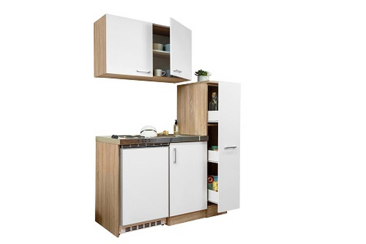 Miniküche M. Kühlschrank + Kochfeld 130 Cm Weiß/eiche - Edelstahlfarben/Eichefarben, MODERN, Holzwerkstoff/Metall (130cm) - Respekta