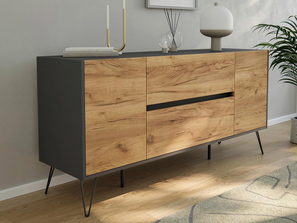 Sideboard Posseik Industrial Graphitfarben/Eiche B: 155 cm - Eichefarben/Schwarz, Design, Holzwerkstoff (155/75,8/42cm) - P & B