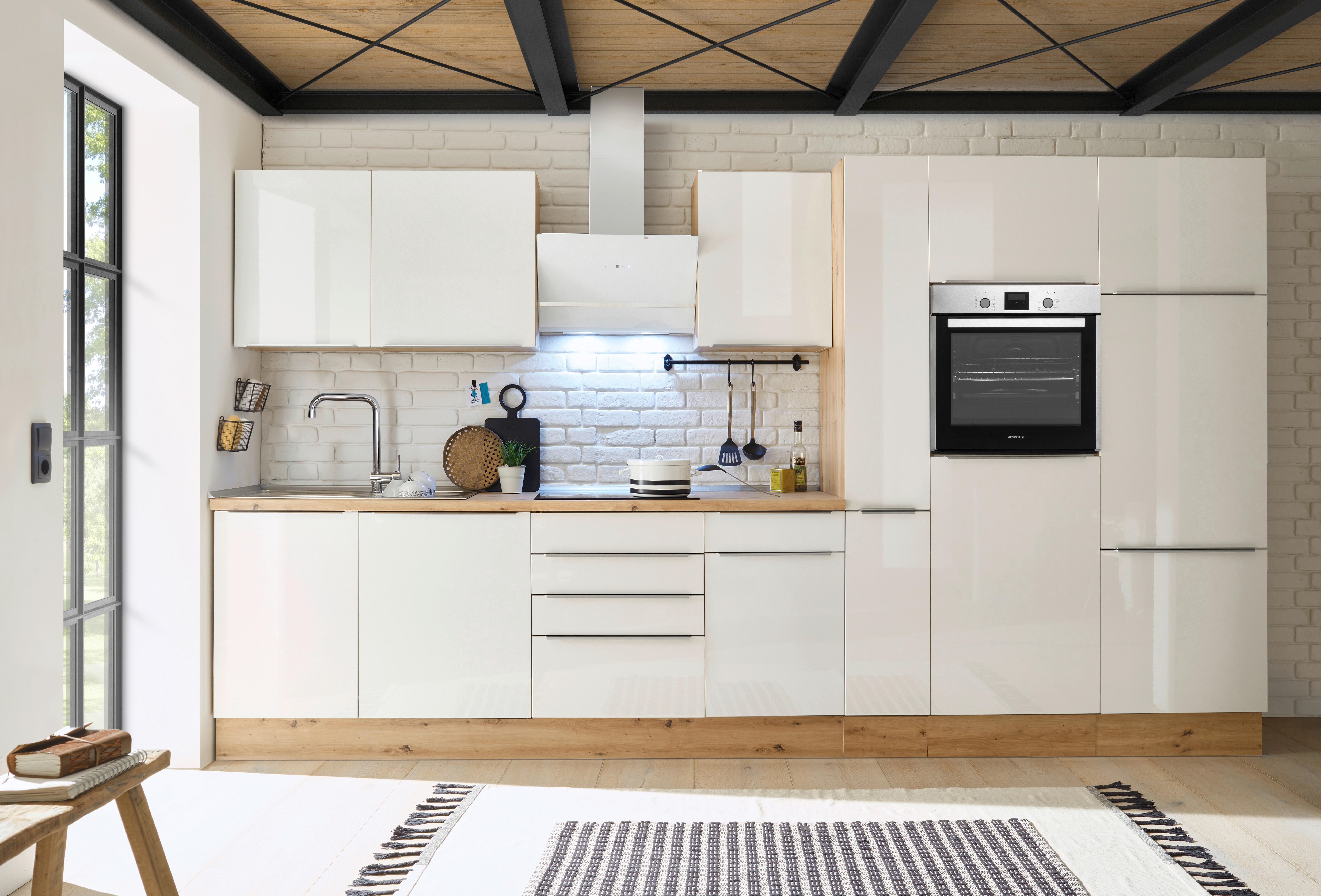 Küchenzeile Bema mit Geräten B: 370 cm Weiß/Eiche Dekor - Weiß Hochglanz/Eiche Artisan, LIFESTYLE, Holzwerkstoff (370cm) - Respekta