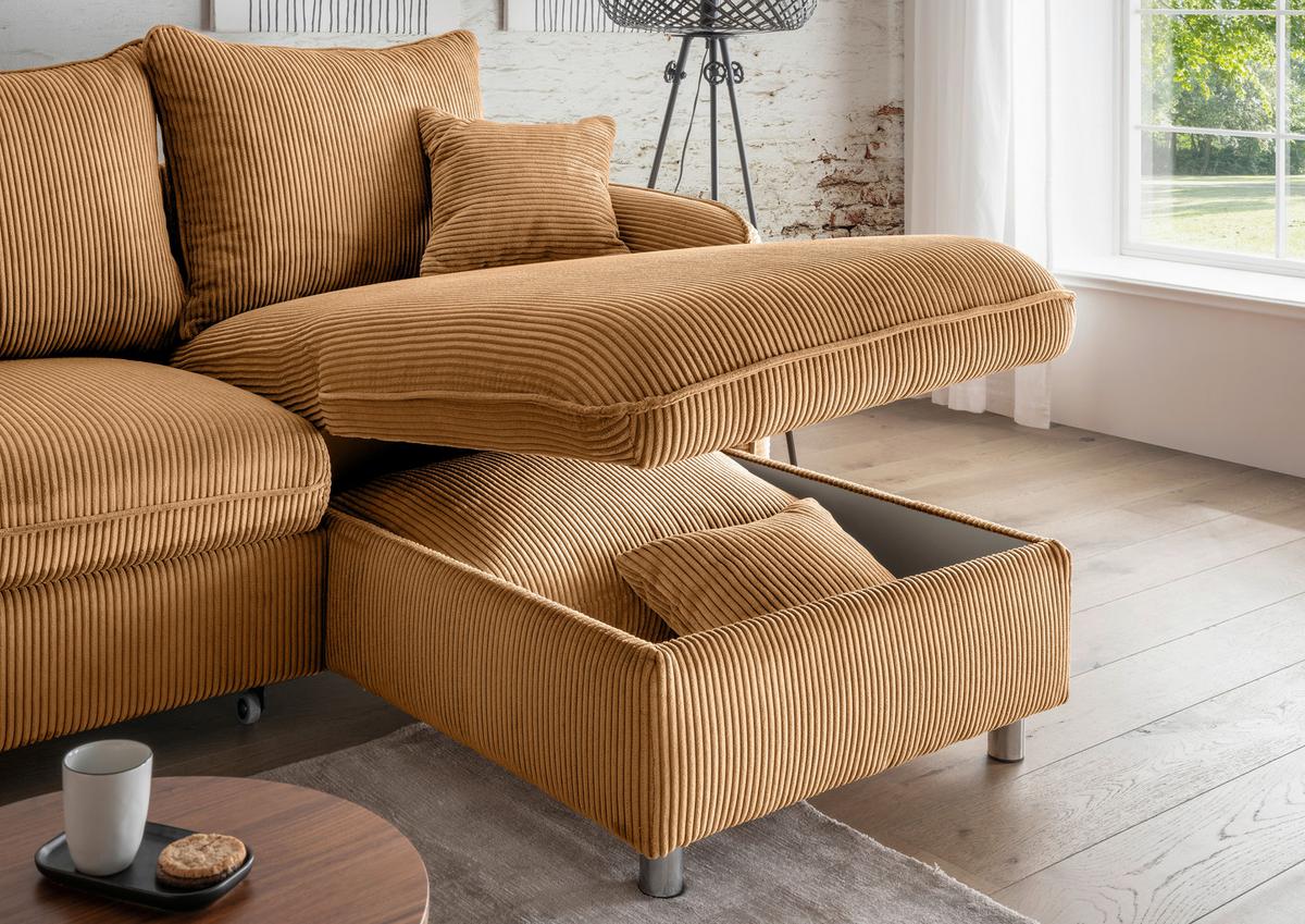 Eckschlafsofa Lauritio Goldfarben S: 254x160 cm - Chromfarben/Goldfarben, MODERN, Textil (254/160cm) - Livetastic