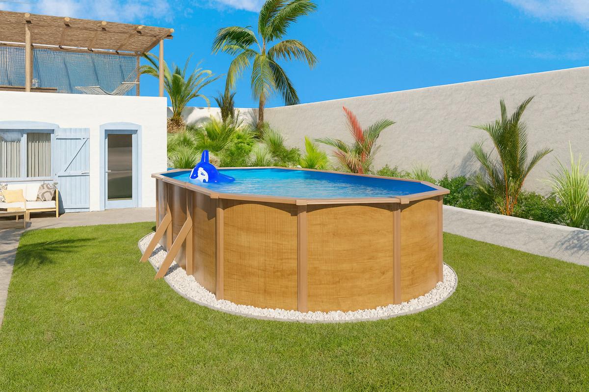 Pool-Set Steely De Luxe Wood 3-teilig, Laufruhige Pumpe - Hellbraun/Hellblau, Basics, Metall (635/390/120cm)