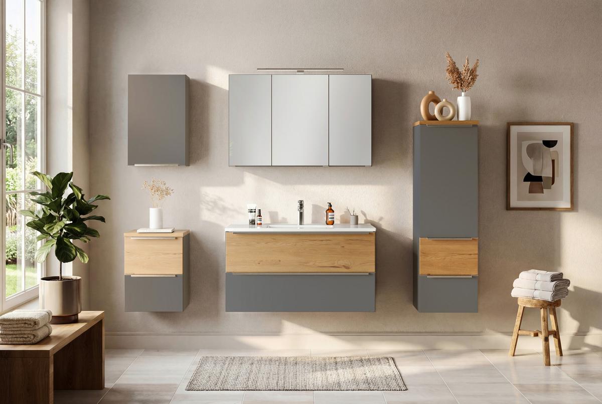 WASCHTISCHKOMBI Verona Grau/Wildeiche B: 100cm - Wildeiche/Weiß, Trend, Holzwerkstoff/Stein (100/54/47cm) - Held