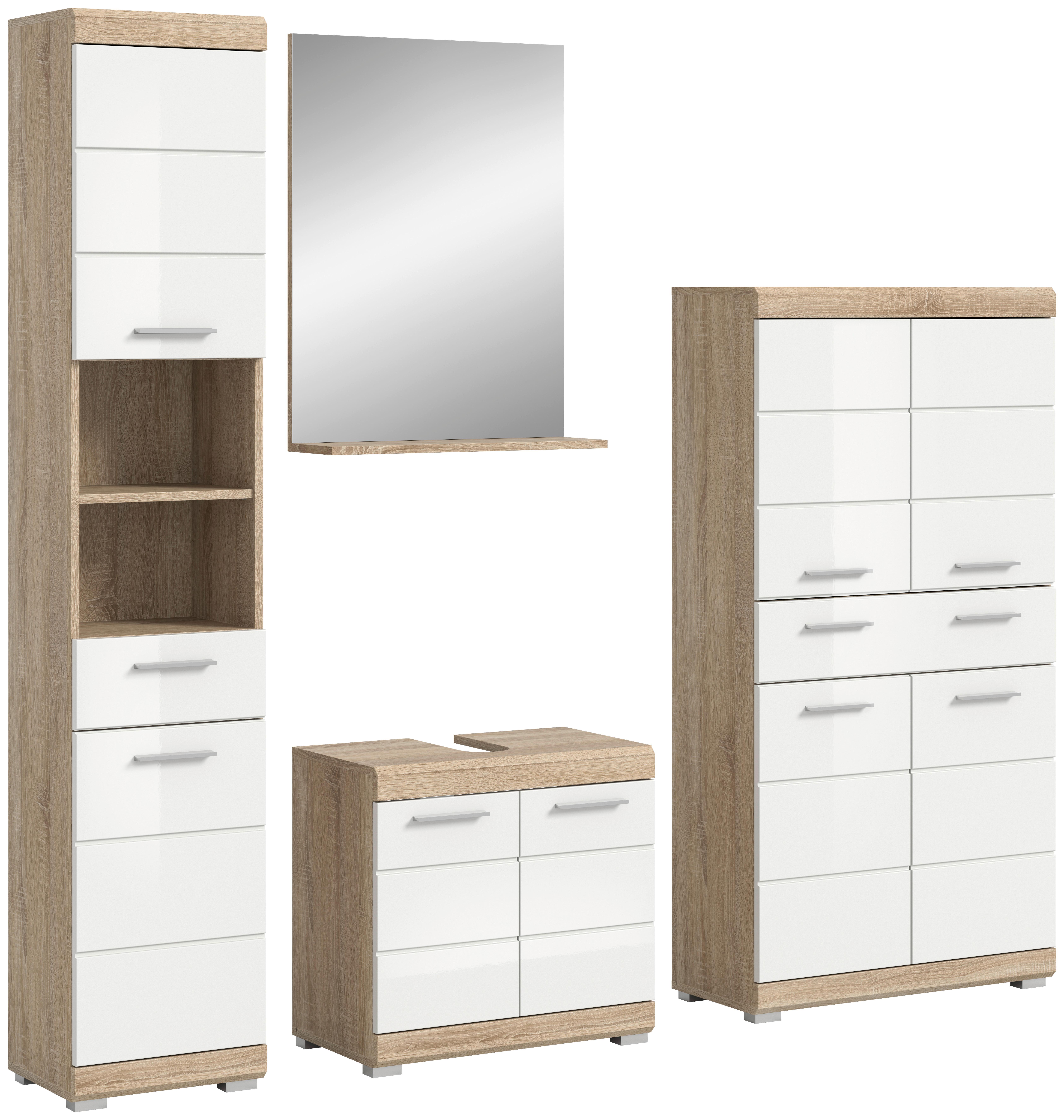 Badezimmer Lambada Eiche Dekor/Weiß B: 171 cm - Weiß Hochglanz/Silberfarben, MODERN, Glas/Holzwerkstoff (171cm) - MID.YOU