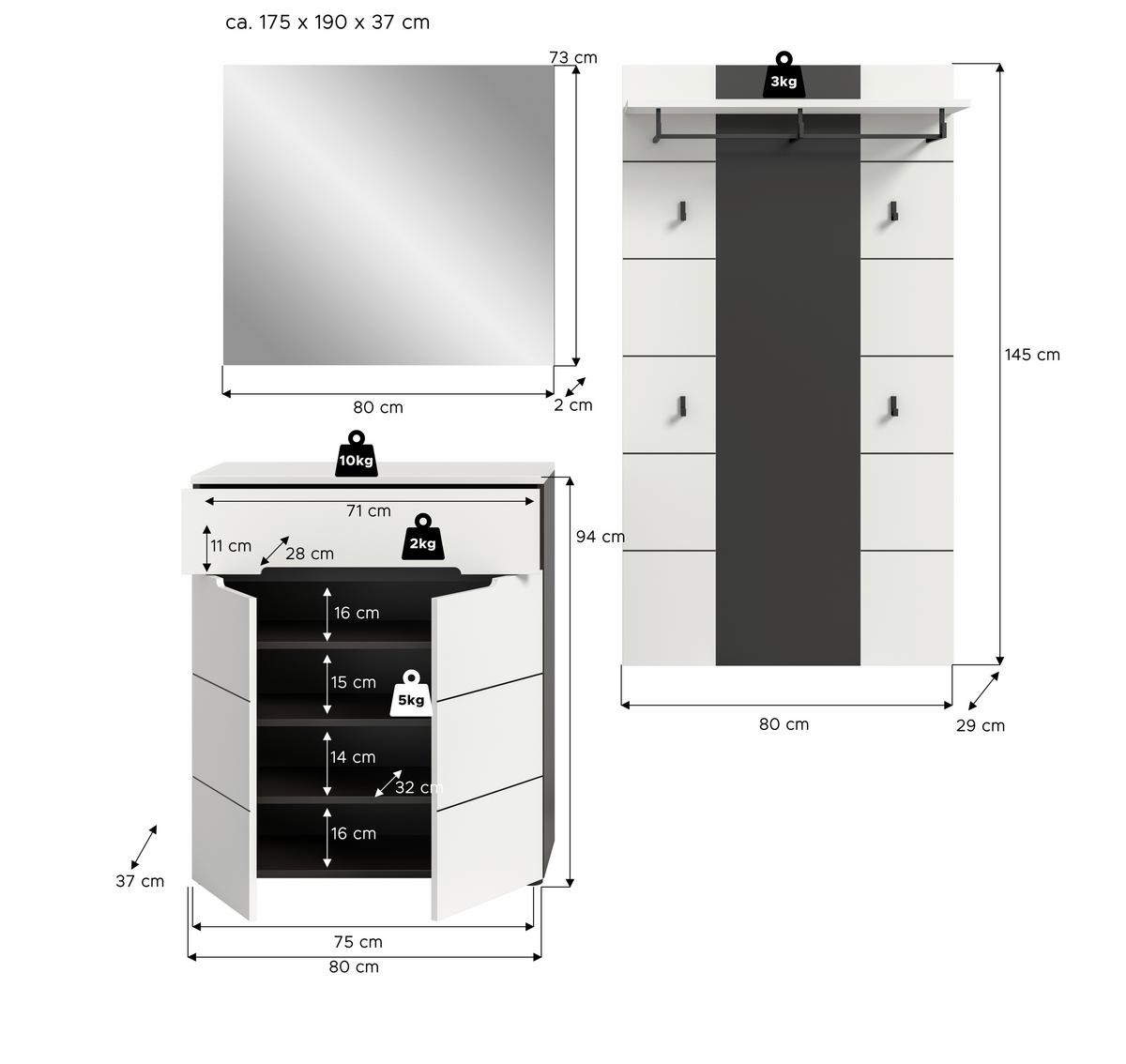 Garderobe Canu 3-Teilig Grau/Weiß B: 175 cm - Weiß/Grau, Design, Holzwerkstoff (175/190/37cm) - Livetastic