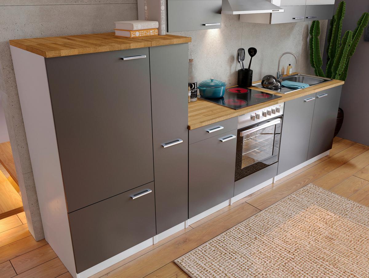 Küchenzeile Economy mit Geräten 300 cm Grau/Nussbaum Dekor - Nussbaumfarben/Weiß, Basics, Holzwerkstoff (300cm) - Respekta