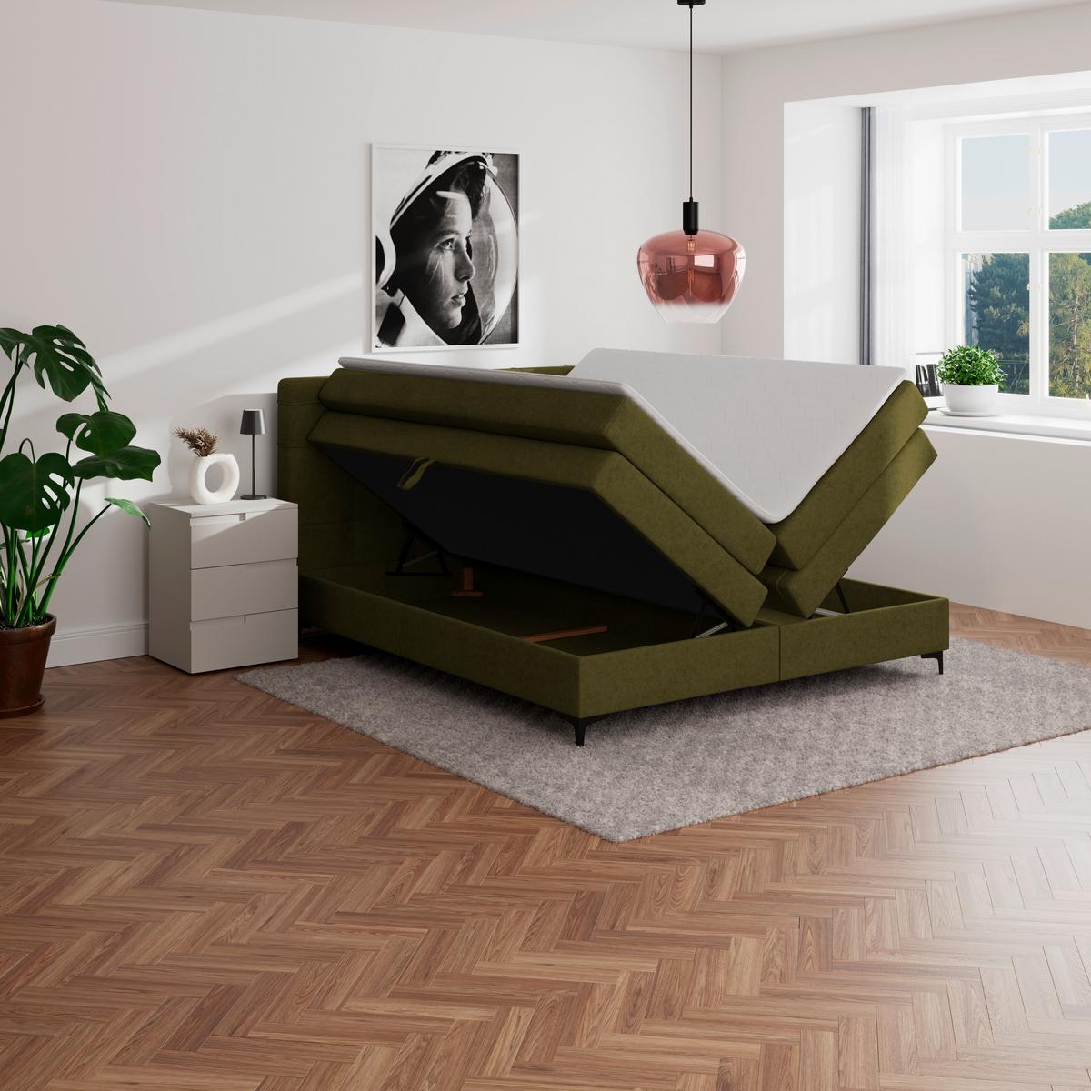 Boxspringbett MITTO Moosgrün 180x200 cm - Schwarz/Grün, KONVENTIONELL, Textil/Metall (180/200cm)