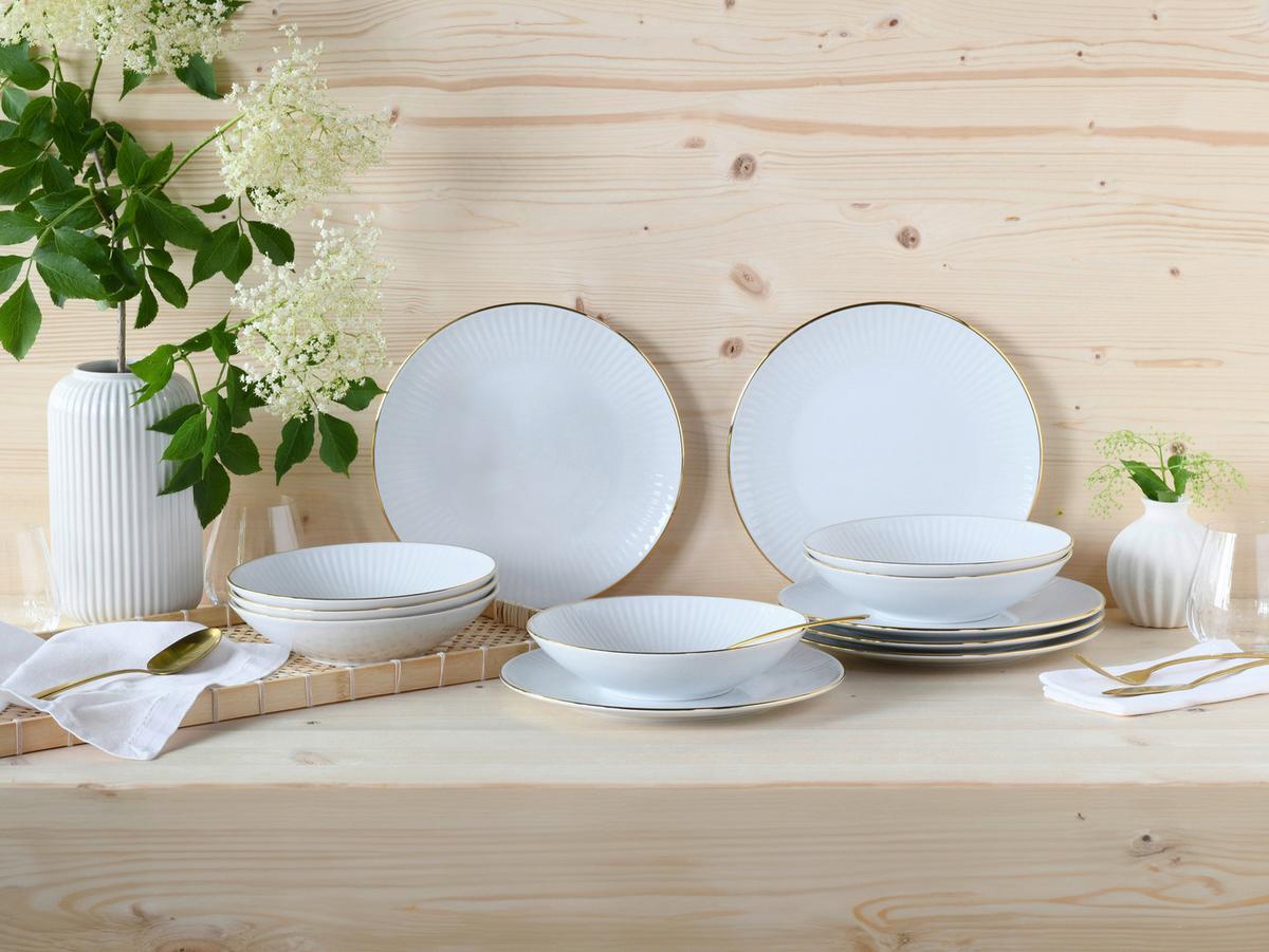 Tafelservice Valencia 12--Teilig., Weiß/goldfarben - Goldfarben/Weiß, Design, Keramik - Creatable