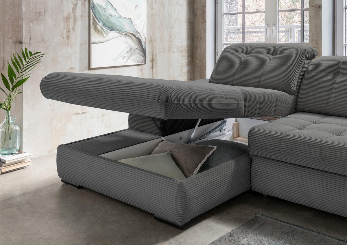 Ecksofa mit Schlaffunktion & Bettkasten Rigatti Grau - Schwarz/Grau, MODERN, Textil (184/314cm) - Livetastic