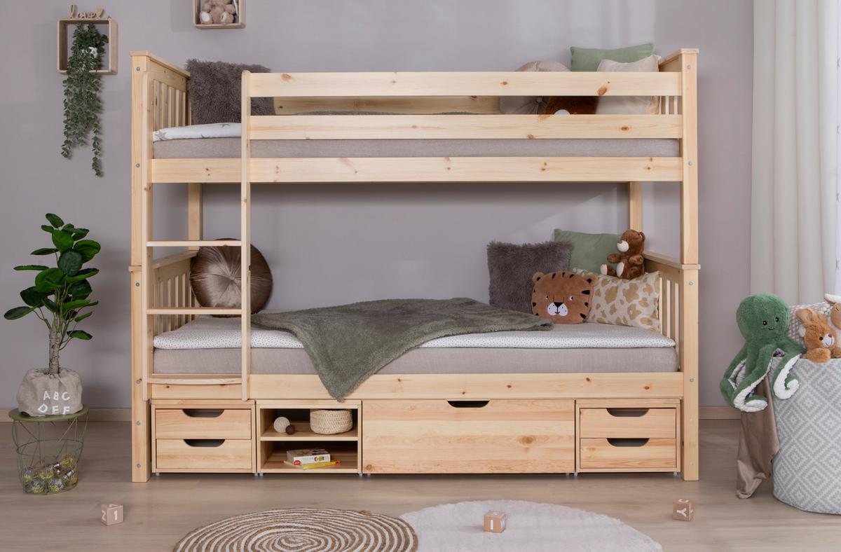 Etagenbett Sammy Kiefer Massiv 90 cm mit Bettkasten + Leiter - Naturfarben, MODERN, Holz (90/200cm) - MID.YOU