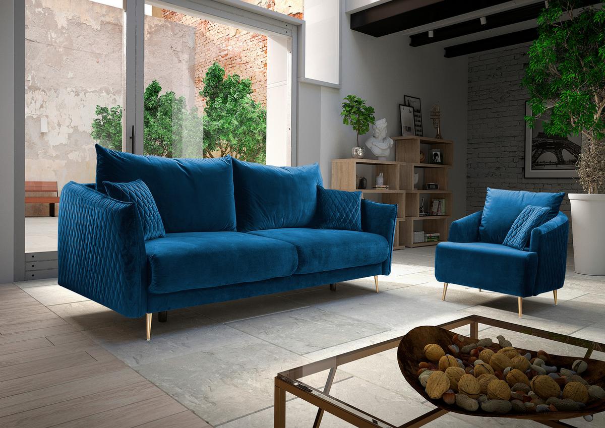 2-sitzer-sofa Mit Schlaffunktion Empoli B: 235cm - Blau/Goldfarben, Design, Textil (235/96/104cm) - MID.YOU