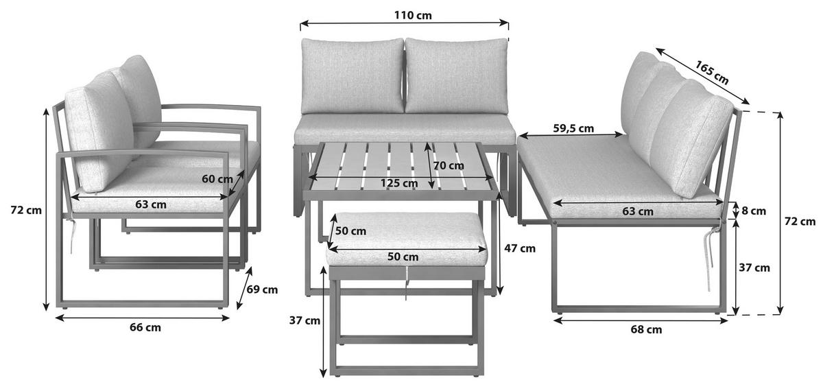 Loungegarnitur Salvador Metall/Holzwerkstoff - Dunkelgrau/Grau, MODERN, Holzwerkstoff/Textil (165/72/68cm) - Beldano