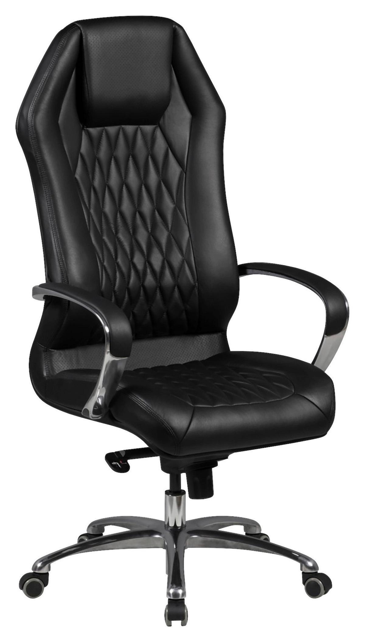 Chefsessel Monterey Echtleder mit Armlehnen + Wippfunktion - Schwarz/Alufarben, MODERN, Leder/Kunststoff (67/136/67cm) - MID.YOU