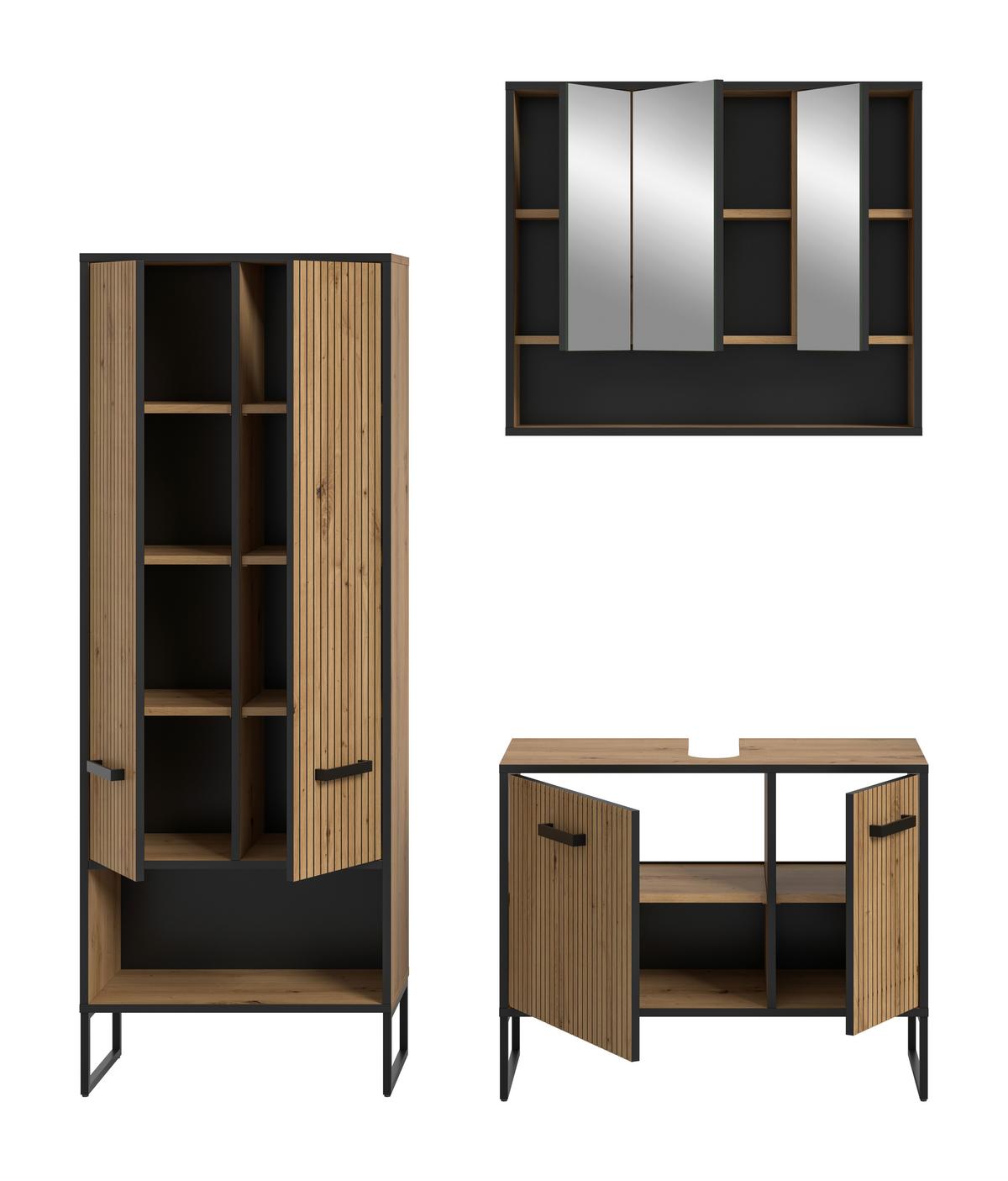 Badezimmer Bagno Schwarz /Eiche Artisan Dekor B: 139cm - Schwarz/Eiche Artisan, Trend, Glas/Holzwerkstoff (139cm) - MID.YOU