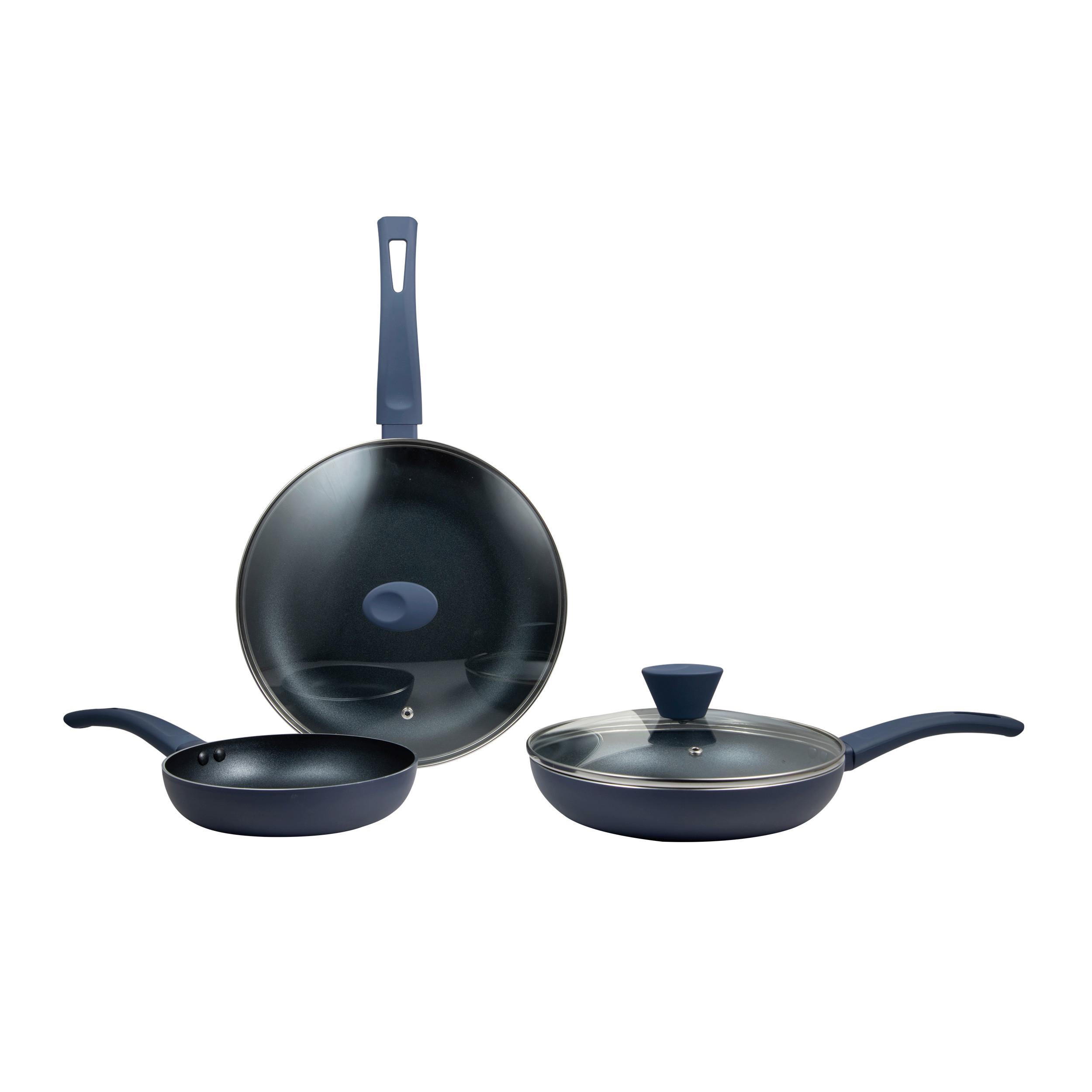 Pfannenset 3-Teilig Zwetschgefarben, Schwarz - Pastellblau/Zwetschgefarben, Basics, Glas/Metall (46/26/20cm)
