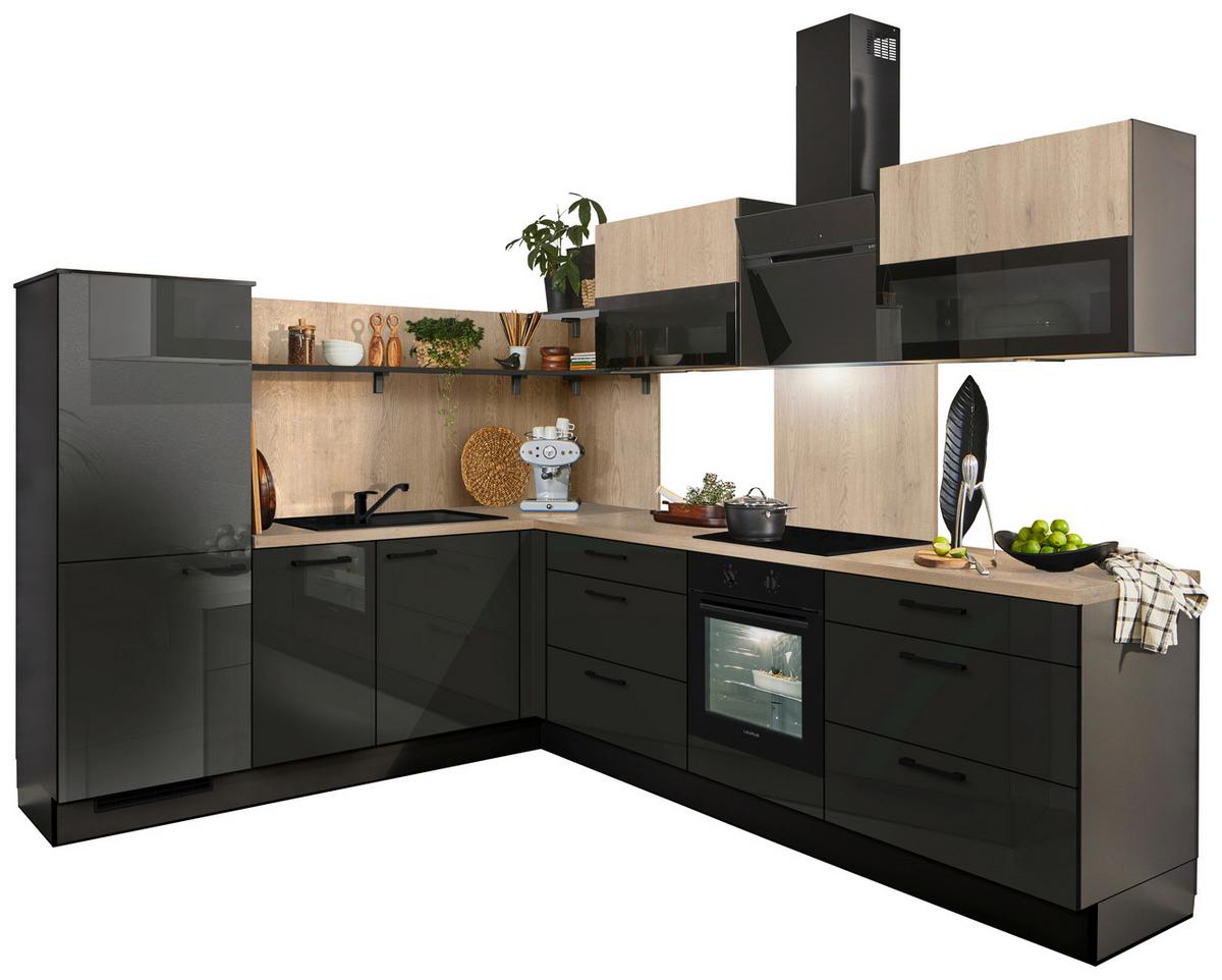 Eckküche Pn215/Pn100 - Grau Hochglanz/Eichefarben, MODERN, Holzwerkstoff (230/285cm) - Pino