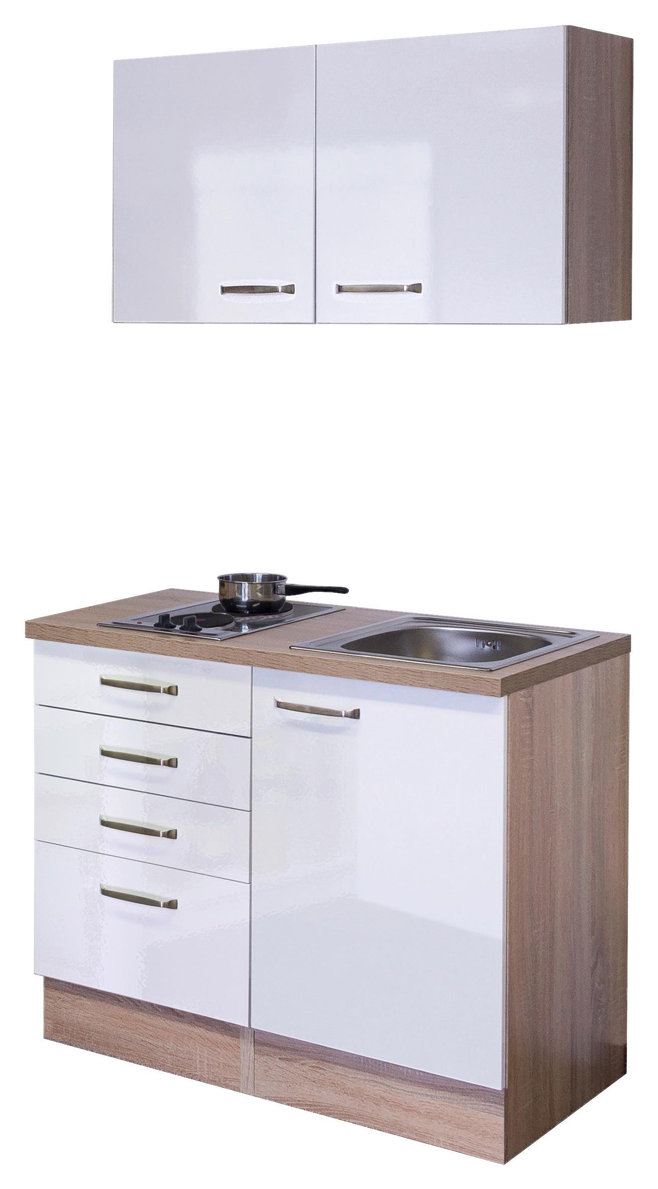 Minikuchyňa VALERO,šírka 100cm vrátane drezu a varnej dosky - biela s vysokým leskom/farba ušľachtilej ocele, Modern, kov/kompozitné drevo (100cm) - FlexWell