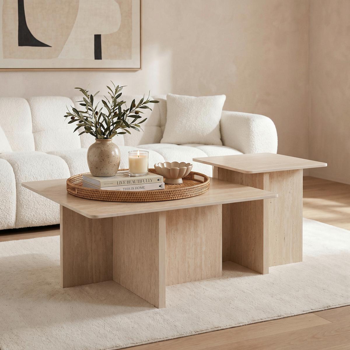 Konferenčný stolík Lucca 2 dielna sada - krémová, Modern, kompozitné drevo/kameň - Bessagi Home