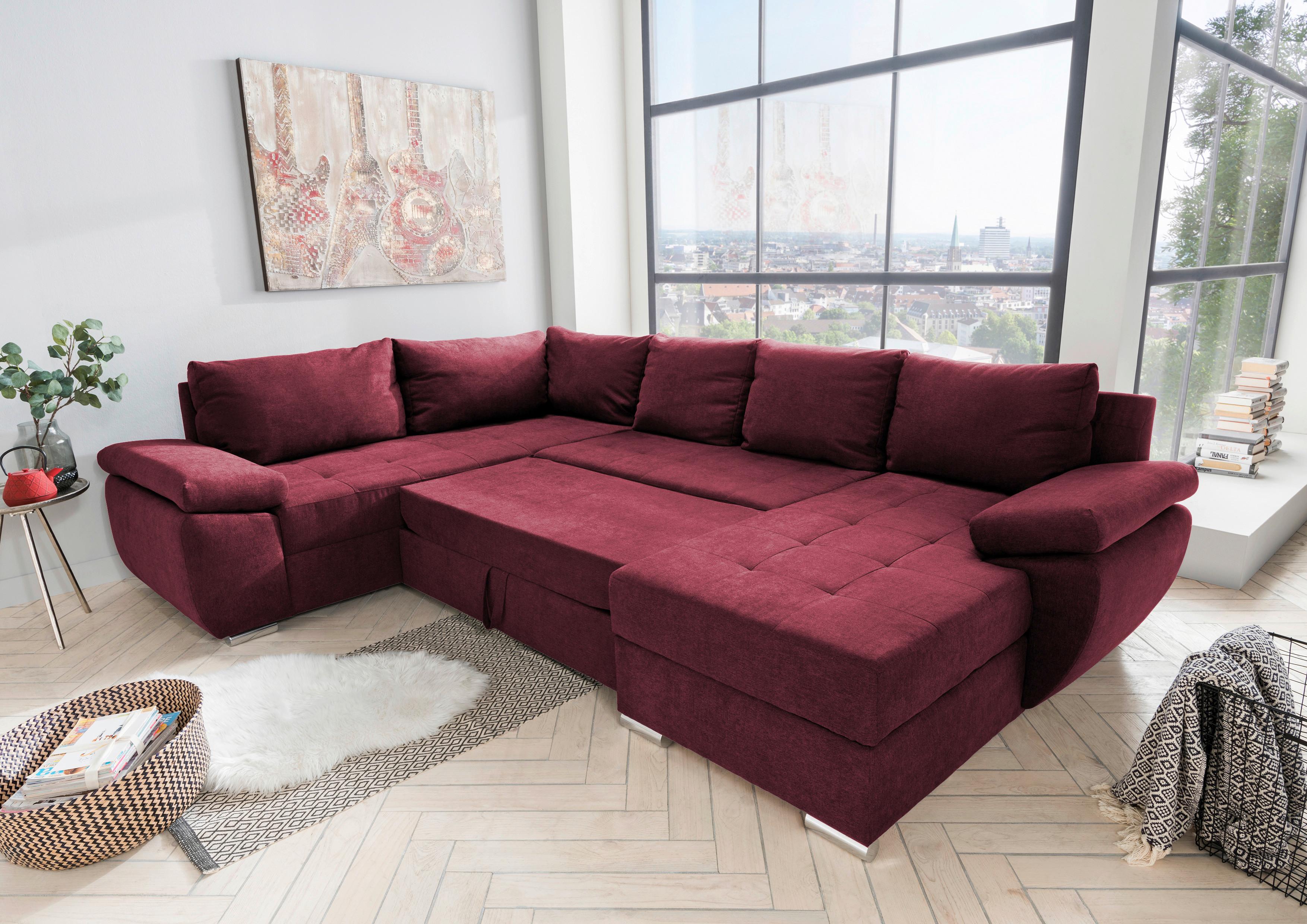 Wohnlandschaft Terana Mit Schlaffunktion, Beere - Chromfarben/Beere, KONVENTIONELL (219/305/157cm) - Livetastic