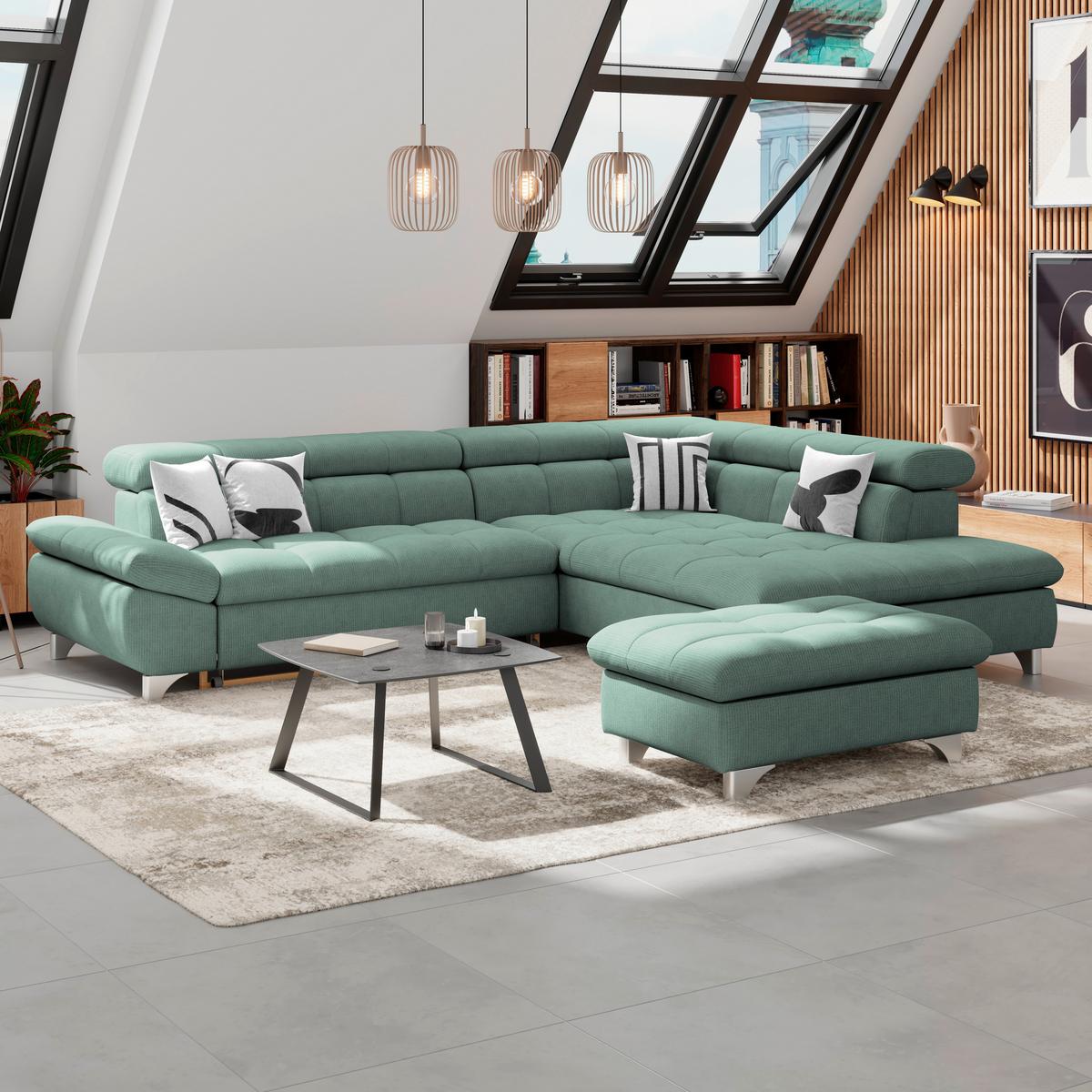 Ecksofa Mit Schlaffunktion Gemini Grün 312x234 Cm - Chromfarben/Dunkelgrün, KONVENTIONELL, Textil (312/234cm)