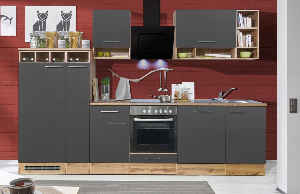 Küchenzeile ohne Geräte B: 310 cm Grau/Wildeiche Dekor - Wildeiche/Grau, Basics, Holzwerkstoff (310cm) - Respekta