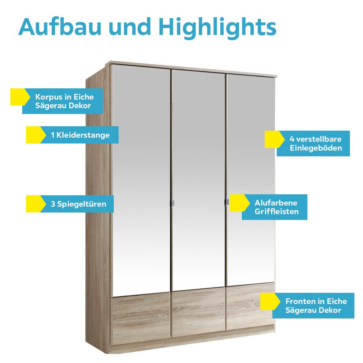 Drehtürenschrank Mit Spiegel 135cm Imago, Sägerau Dekor - Eichefarben, KONVENTIONELL, Glas/Holzwerkstoff (135/199/58cm) - MID.YOU